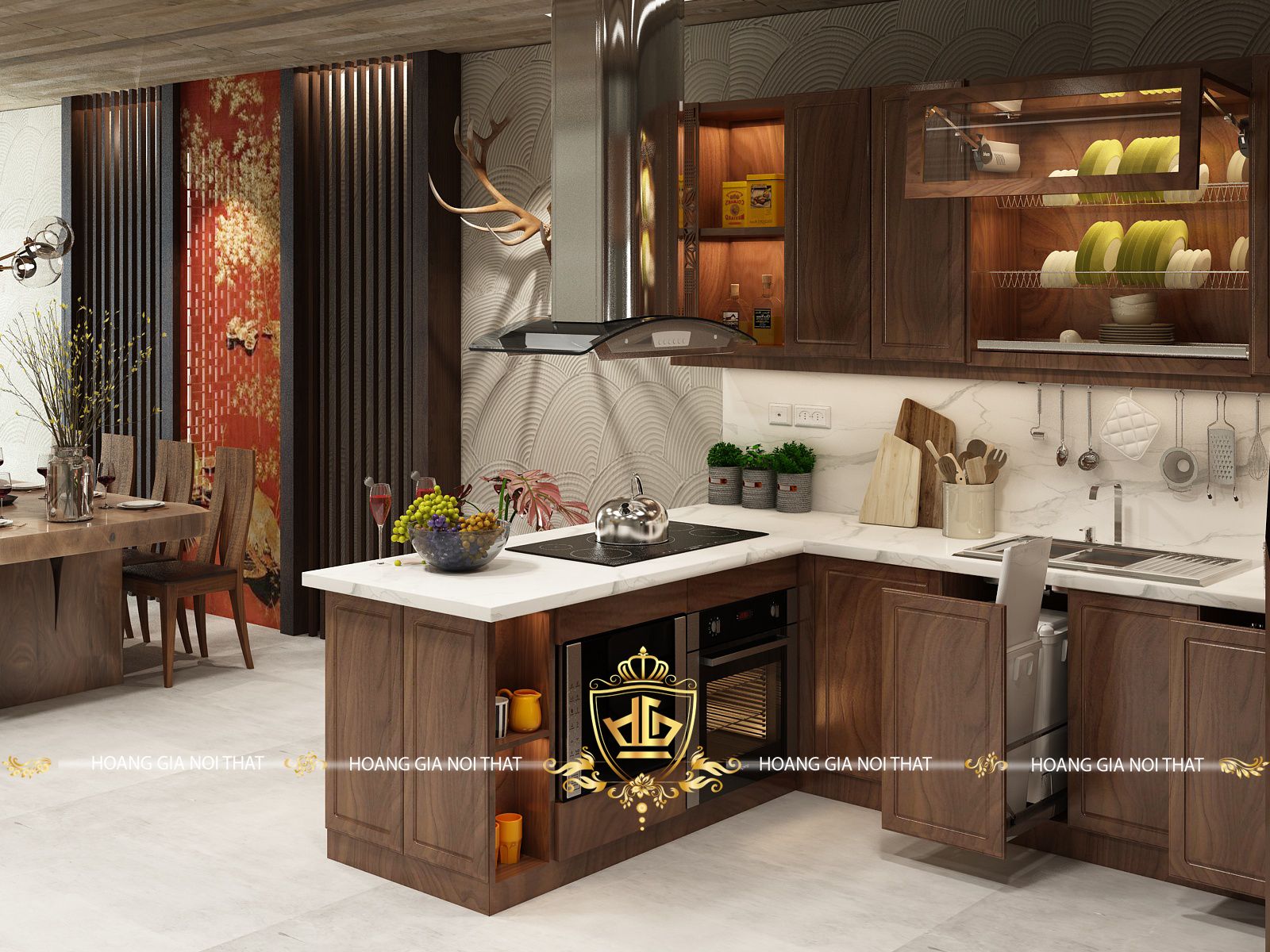 phòng bếp gỗ óc chó